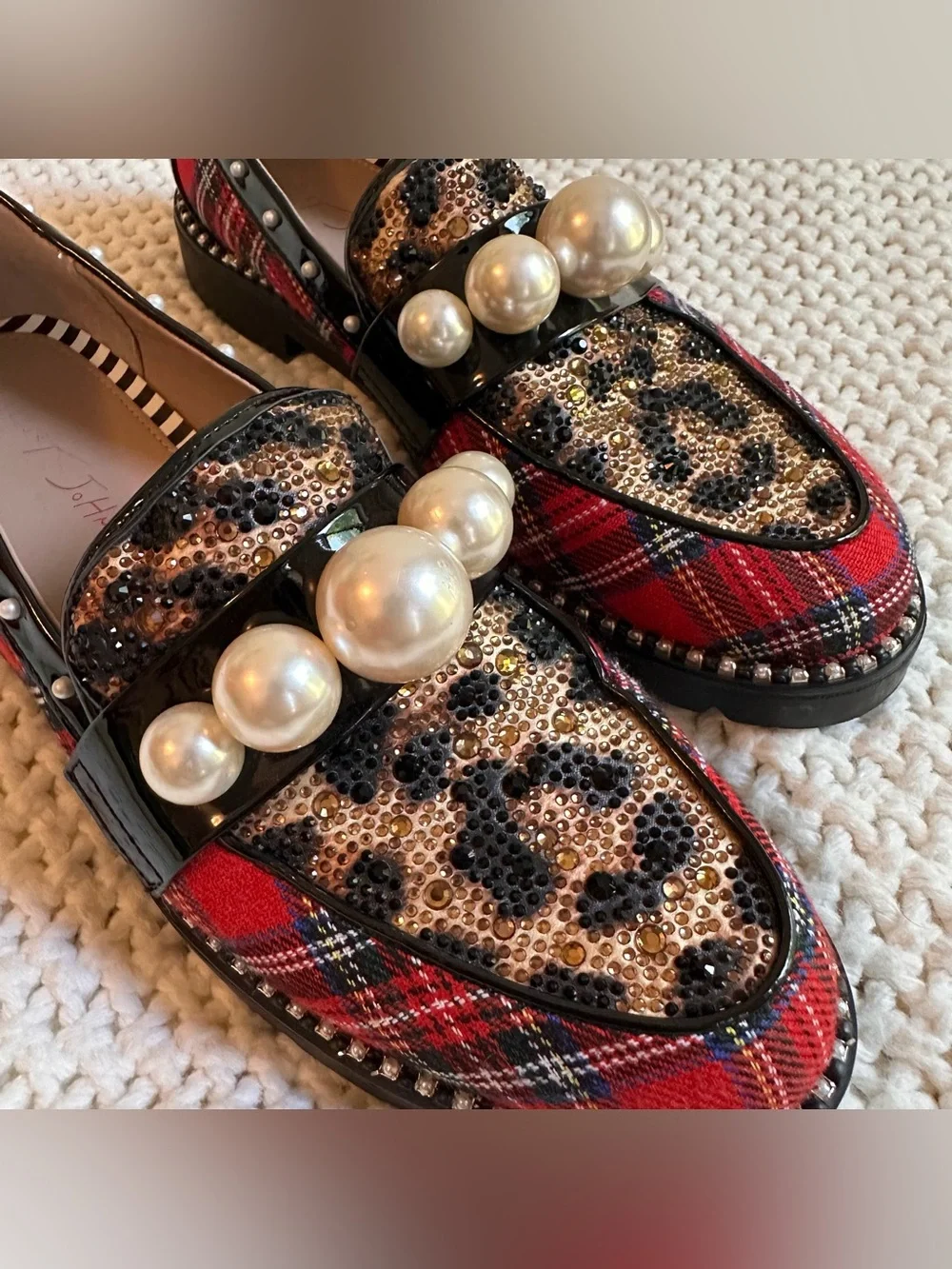 Betsey Johnson Harloe Loafer women’s 7.5 plaid leopard print pearl sparkles
